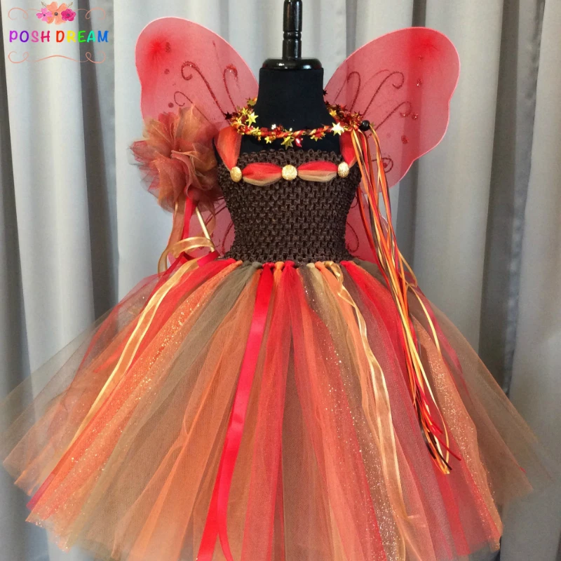 Fall Fairy Cosplay Girls Tutu Dress Matching Wand Wings Birthday Outfit Fairy Costume Orange Children Kids Clothes