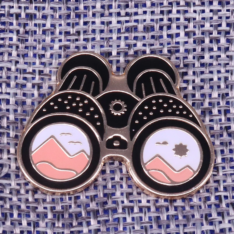 Binocular telescope mountain clouds enamel pin brooch