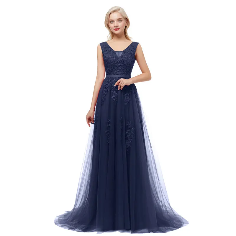 Beauty-Emily V Neck Lace Appliques Navy Blue Bridesmaid Dresses 2021 Long for Women WeddingParty Prom Dresses A-Line Sleeveless