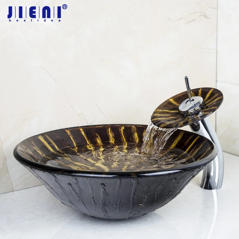 JIENI Ravine Art Style Hand Paint Round Bathroom Tempered Glass Vessel Sink With Waterfall Faucet Classic Countertop Sinks Set