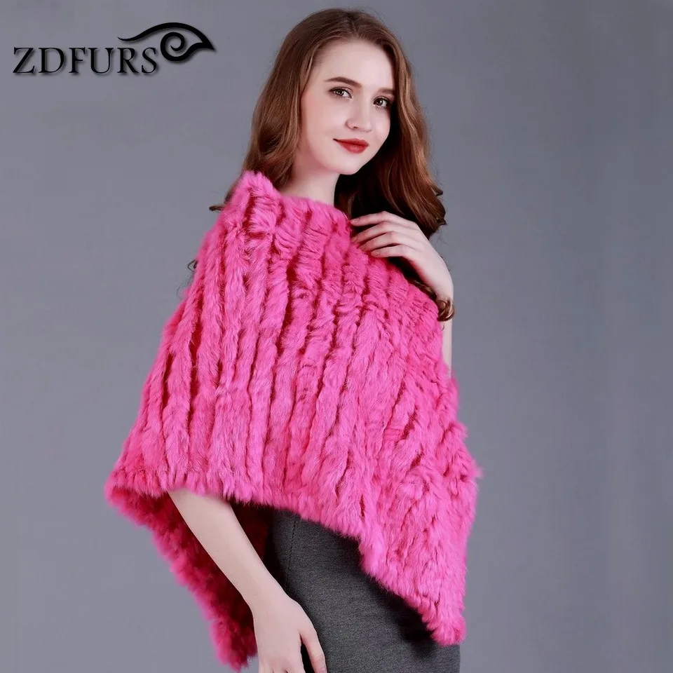 ZDFURS * autumn Winter women Genuine rabbit fur Poncho triangular fur shawl real Fur Wrap  pullovers  knitted rabbit cloak cape