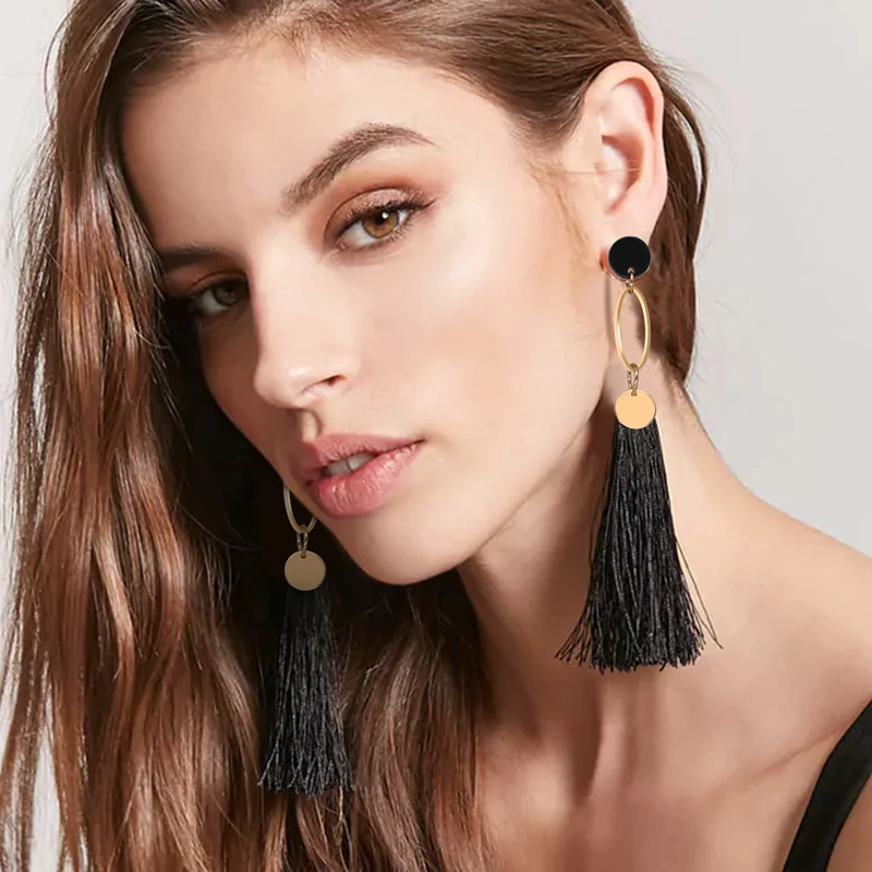 Fashion Women Fringed Earrings Golden Disc Black Resin Tassel Long Earrings Bohemian Jewelry Gifts Women