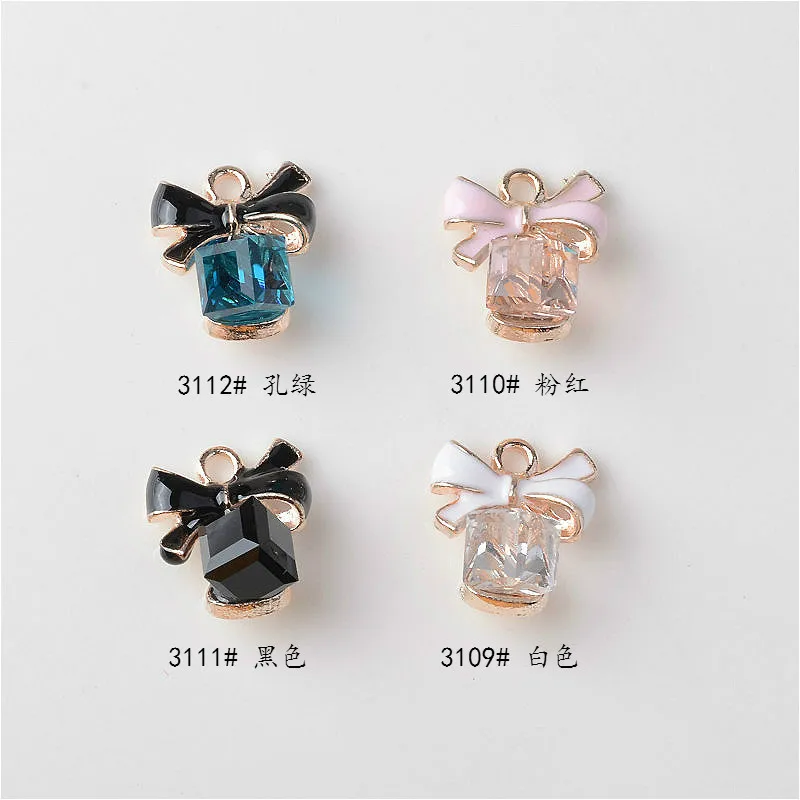 50pcs 12*14mm Alloy material Gold color  Square Glass Beads Bow Charm pendant for DIY Handmade Bracelet Necklace Jewelry Making