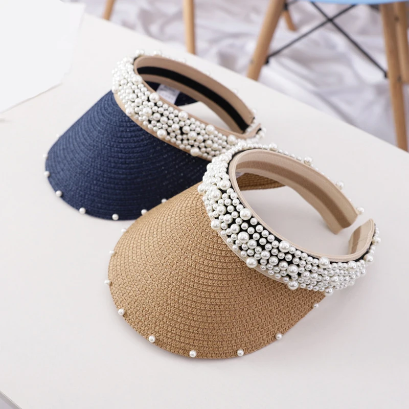 luxury 2019 New Women Pearl Headband Hat Visor Caps For Girls Beach Hats Braided Fashion Cap Lady Summer Straw Sun Hat