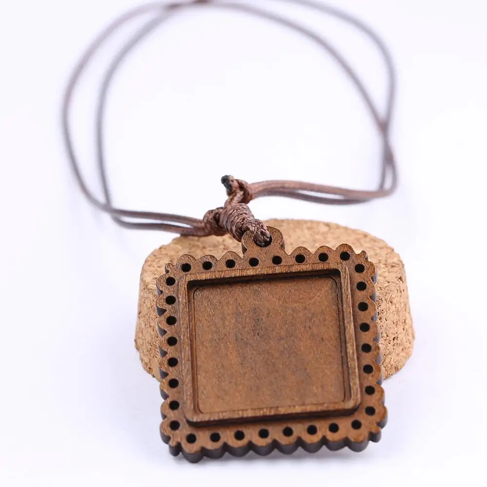 

reidgaller 5pcs square cabochon base settings 25mm dia blank wood pendant tray for diy necklace making with leather cord