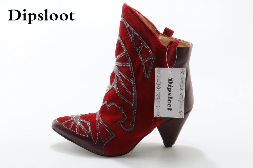 

Hot Fashion Red Suede Ankle Boots Embroidered Lady Spike Heels Shoe Cowboy Short Boots Women Slip-on Pointed Toe Ankle Booties