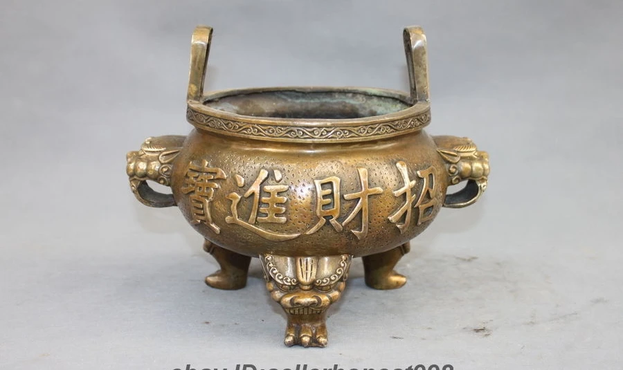 11 China Tibet Buddhism Three Lion Head Ding Incense Burner old Bronze Censer