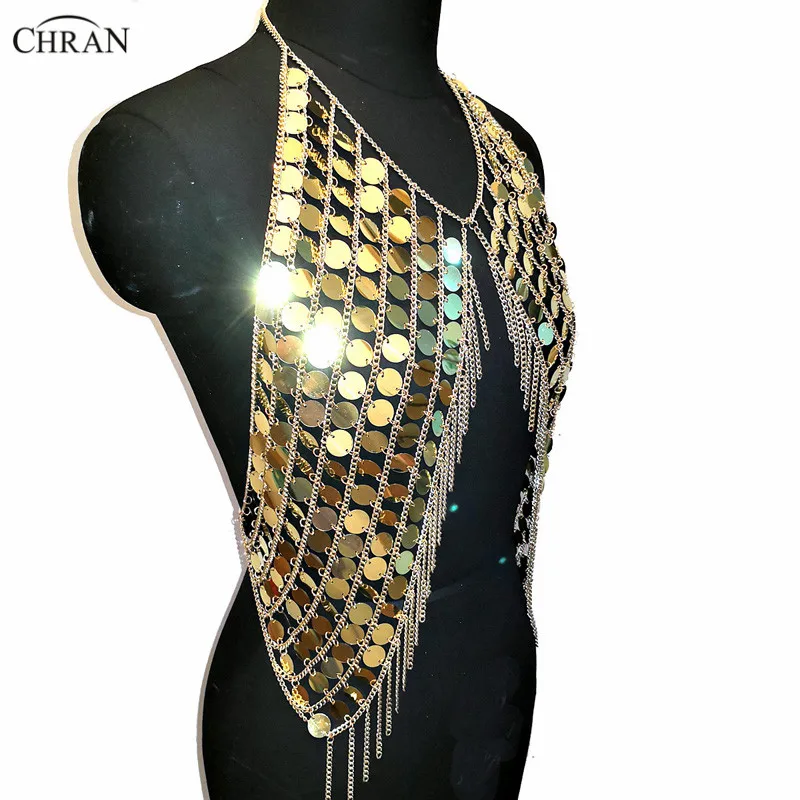 Chran Sexy Spark Vest Mermaid Crop Tops Tassel Halter Necklaces Holiday Wear Sequin Women Night Club Party Jewelry Accessories