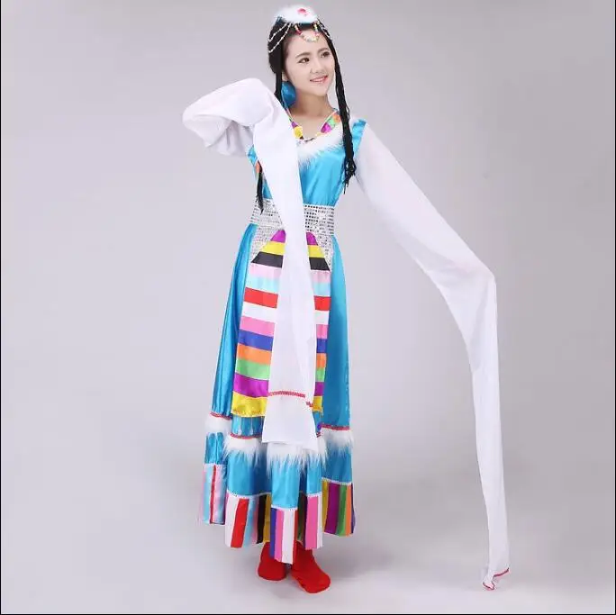 Chinese Folk Dance Clothes Costume Tibetan Dress Women Performance Lengthening Sleeve