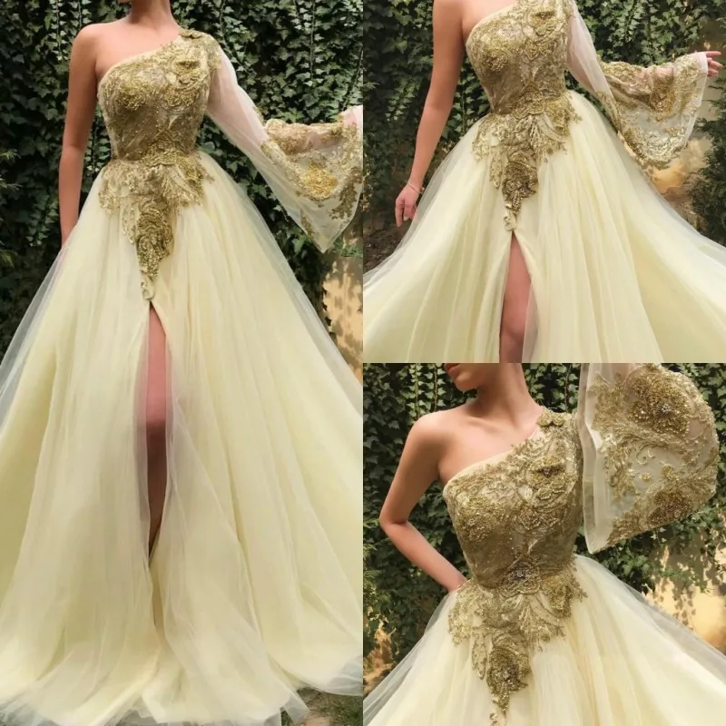 

Attractive Prom Dresses Sexy One Shoulder Long Sleeves Side Split A Line Evening Gowns Custom Sweep Train Guest Party Dress