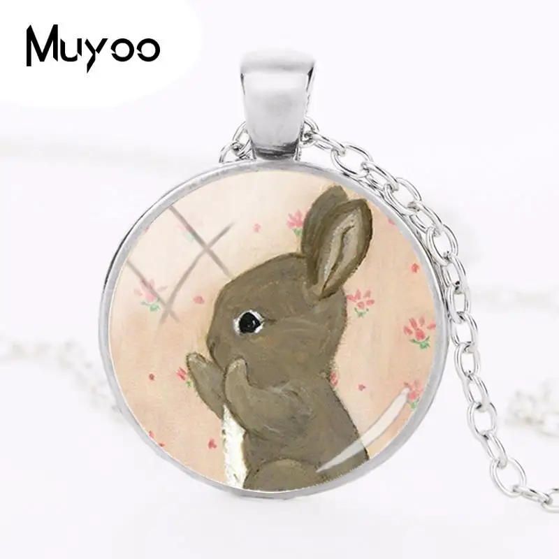 2018 New Rabbits Family Necklace Love Rabbit Pendant Round Handmade Necklaces Glass Cabochon Jewelry HZ1