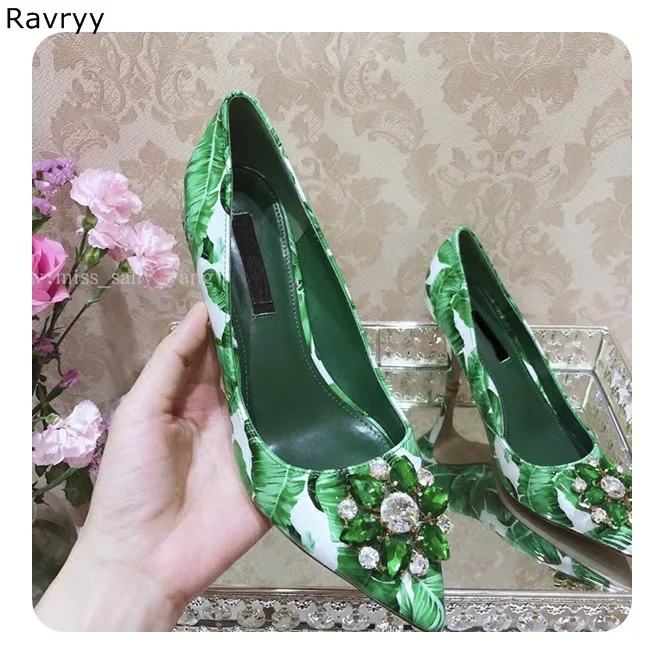 Green Crystal woman\'s high heels leaf print female dress shoes rhinestone sexy pumps pointed toe stiletto slip-on single shoes