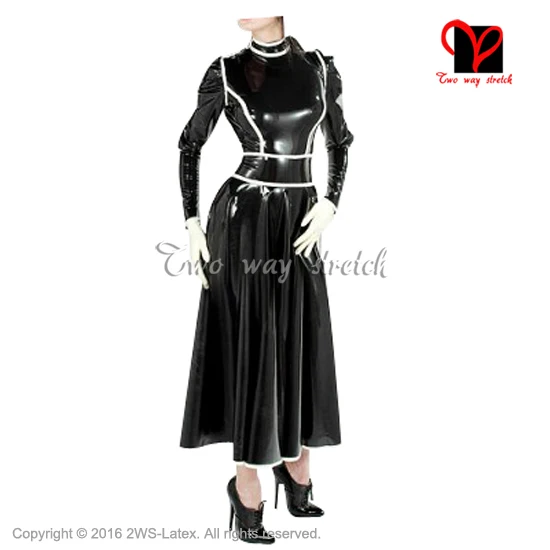 

Sexy Black and white trims Long Latex dress Frech Maid Rubber gown Long Sleeves Playsuit Bodycon plus size QZ-100