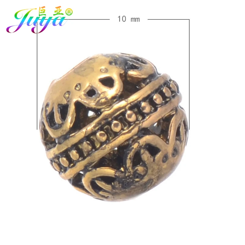 Juya 20pcs/Lot Handmade Antique Gold Silver Plated 10 12mm Hollow Decoration Metal Beads For DIY Beadwork Jewelry Making