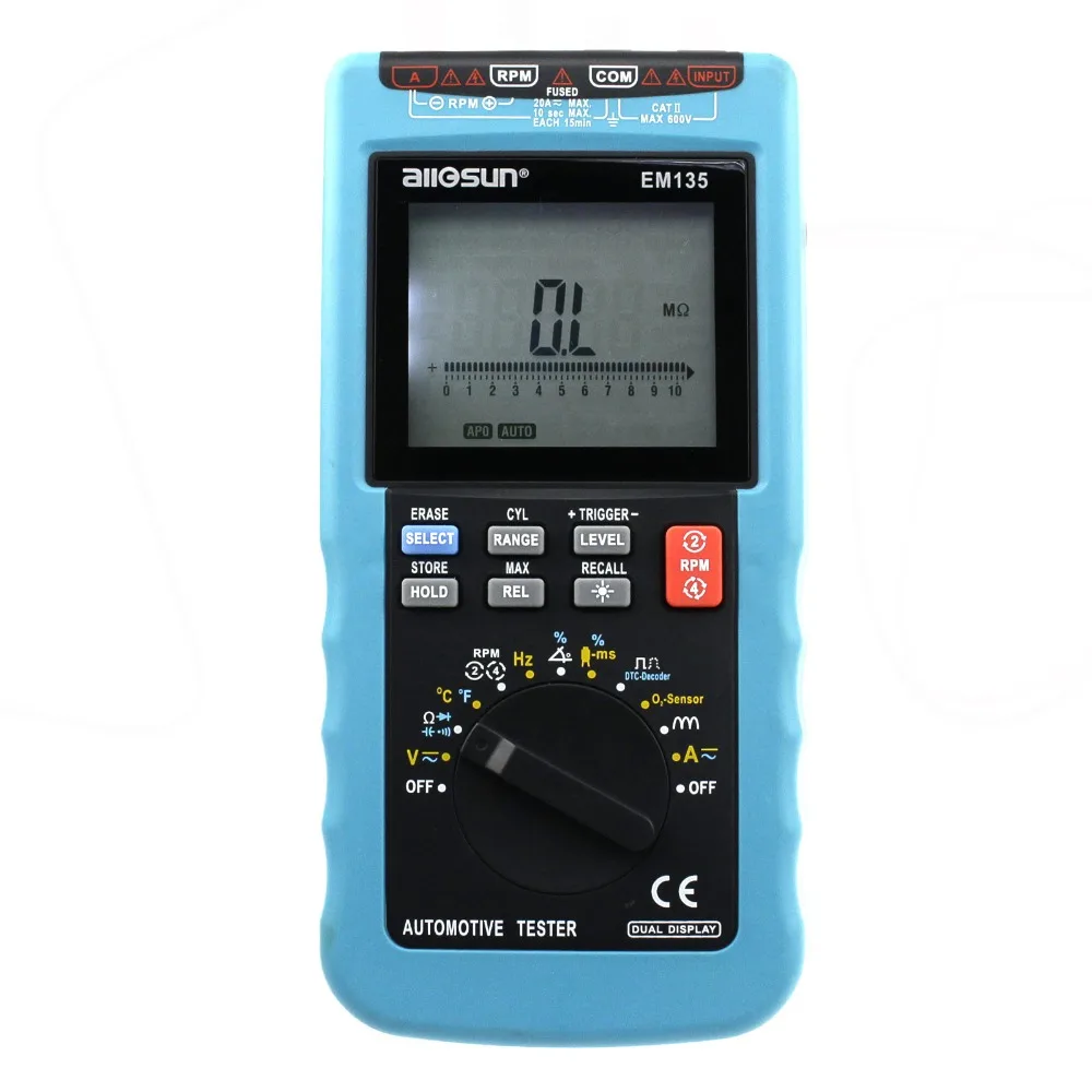 Modern Digital Automotive Multimeter 20A ACA/DCA LCD Autorange Vechile Tester O2-sensor Temp.RPM Dwell Angle All-sun EM135