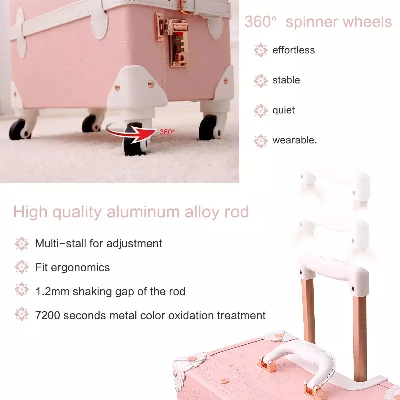 Retro fashion handmade set rolling luggage makeup bag women pink spinner carry on travel trolley suitcase box with cosmetic case