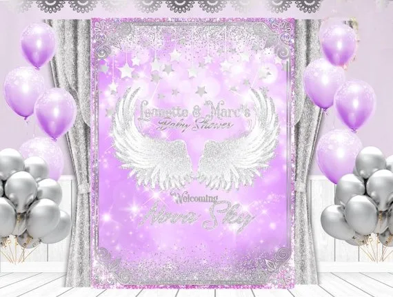 

custom Heaven Sent Wings Silvery Star Sparkly Baby Shower Purple background Computer print party backdrop