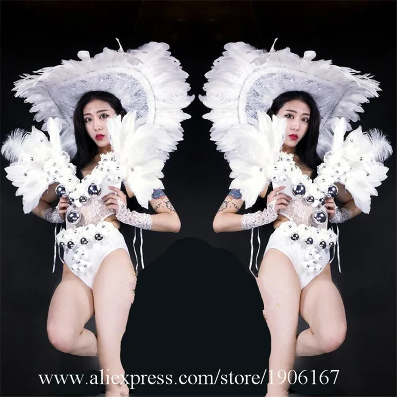 Fashion Nightclubs DS White Christmas Costumes White Feather Dance Team Clothes Sexy Lady Party Dancer A Dress