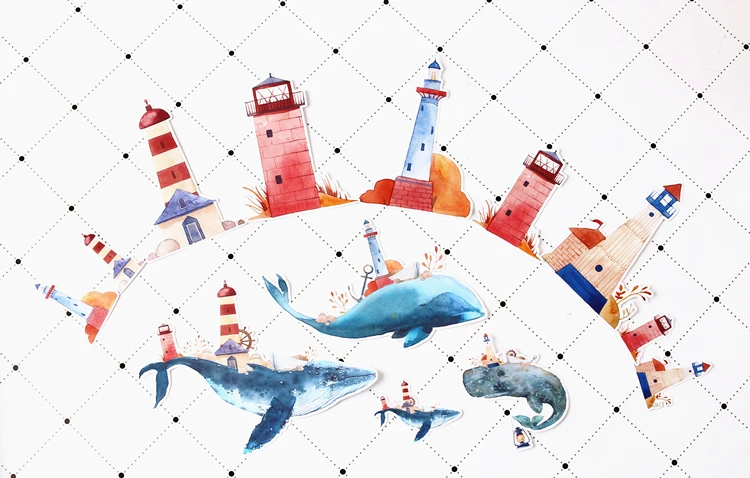 12pcs Creative Cute Kawaii Self-made Whale And Lighthouse Scrapbooking Diary /decorative Stickers/DIY Craft Photo Albums