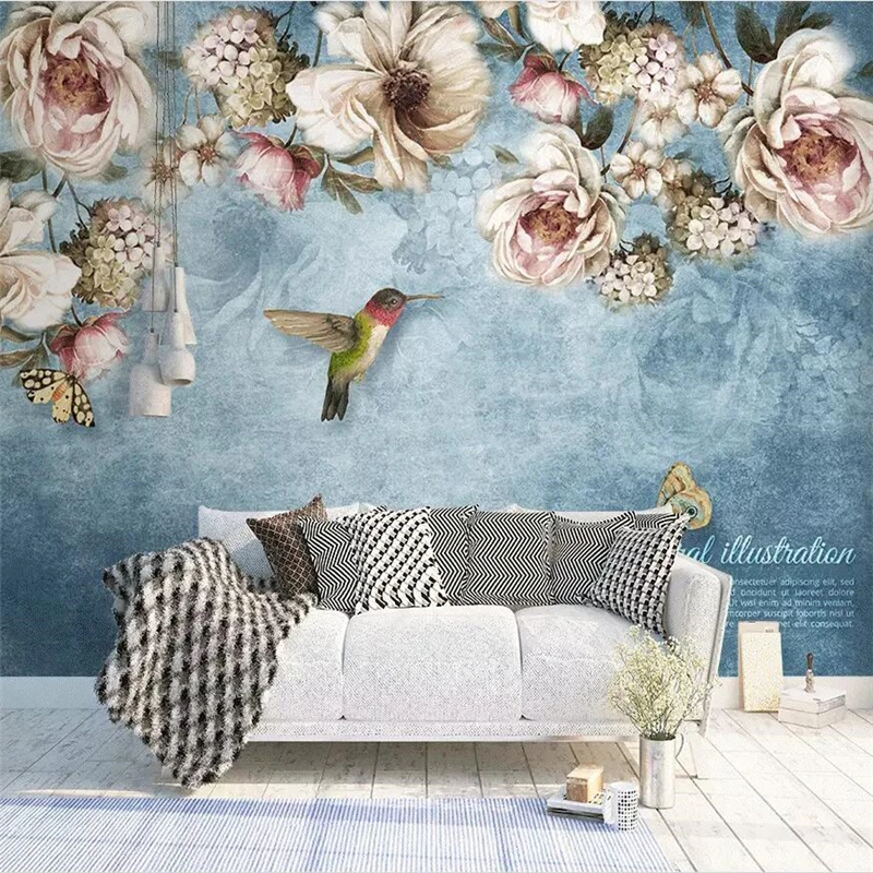 Beibehang Custom wallpaper 3d mural Nordic hand-painted oil painting champagne rose rattan sofa TV background wall paper mural