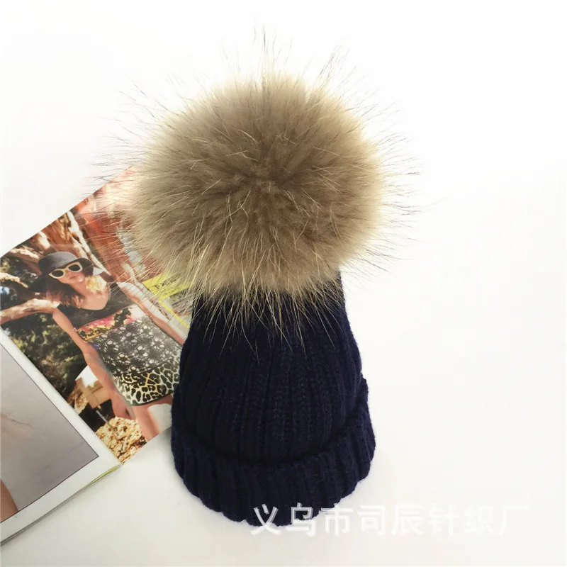 

High quality 100% Real Raccoon Fur Hats Knitted Wool Gunuine Fur Pompom Beanies Hat winter Cap for women