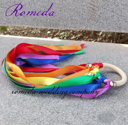 10pcs/lot  Rainbow Color Stain ribbon Wooden Ring Waldorf Ribbon With Bell Hand Kite Toy FLY ME Birthyday Party Favors