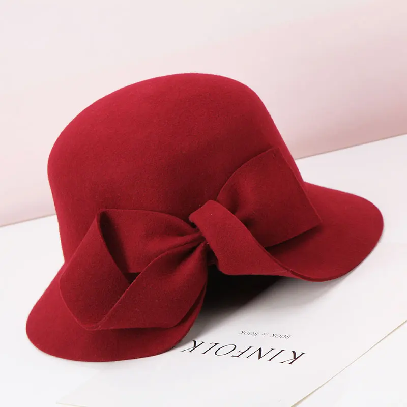 

Lady Fedoras Wool Hat Girls Woolen Bow Cap Children Autumn Winter New British Retro Wool Hat Elegant Dome Party Cap B-8904