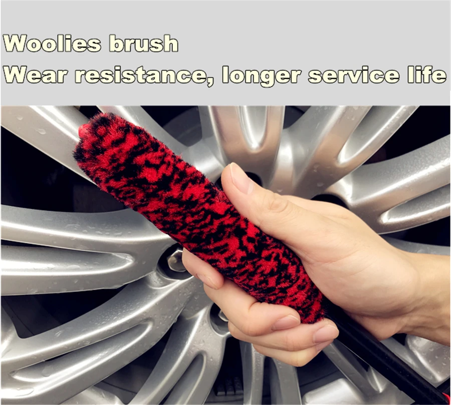 48CM Long Handle Premium Wool Wheel Brush Car Rim Hub Exhaust Brushes Soft Fiber