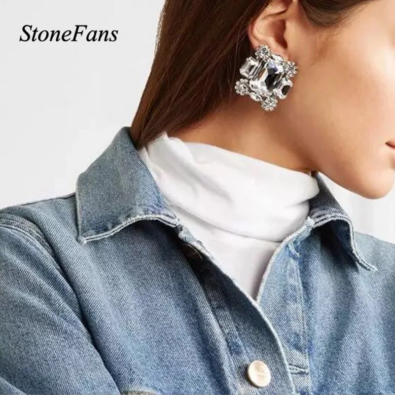 StoneFans-pendientes de Clip cuadrado sin agujero para mujer, joyería de boda, cristal transparente grande, diamantes de imitación, Clip en la