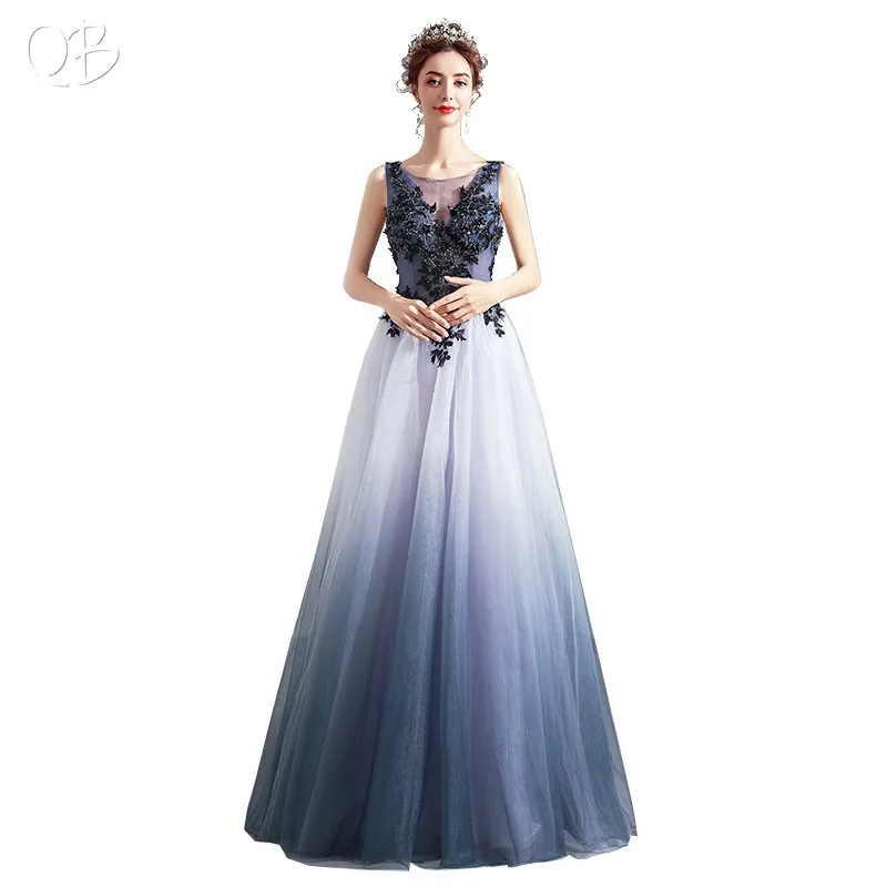 Robe de soirée en Tulle bleu, ligne a, longueur au sol, fleurs, dentelle, perles, luxe, robes de bal, nouvelle mode, XH400, 2020