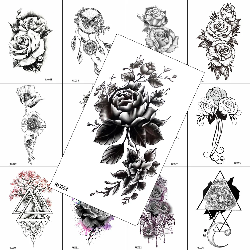 Black Flower Fake Body Art Painting Arm Chest Tatoos Realistic Temporary Tattoos DIY Sticker For Women Waterproof Sheets Tattoo