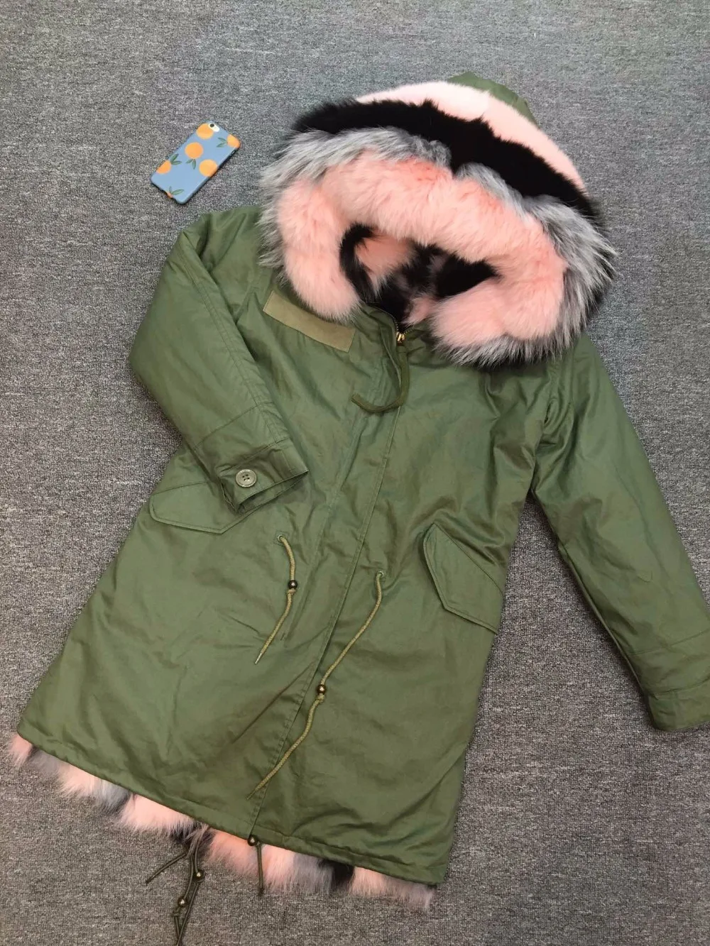 Three Color Stitching Fox Fur Parka Winter Good Looking Long Parka For Women Pretty Raccoon Fur Collar Ladies Coat