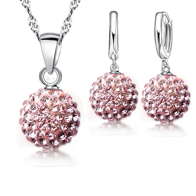 Jewelry Sets 925 Silver Color Rhinstone CZ Crystal Disco Ball Pendant Necklace Earrings For Women Gift Wedding  Accessories