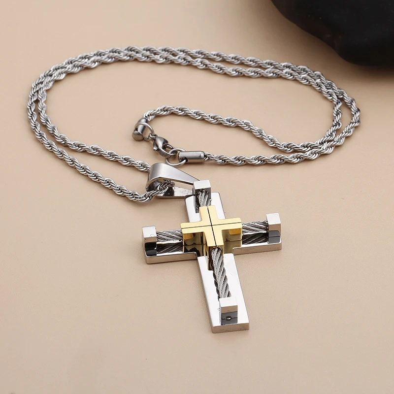 Stainless Steel Wire Chain Cross crucifix Pendant religions Necklace XMAS Gifts 4mm 22 inch