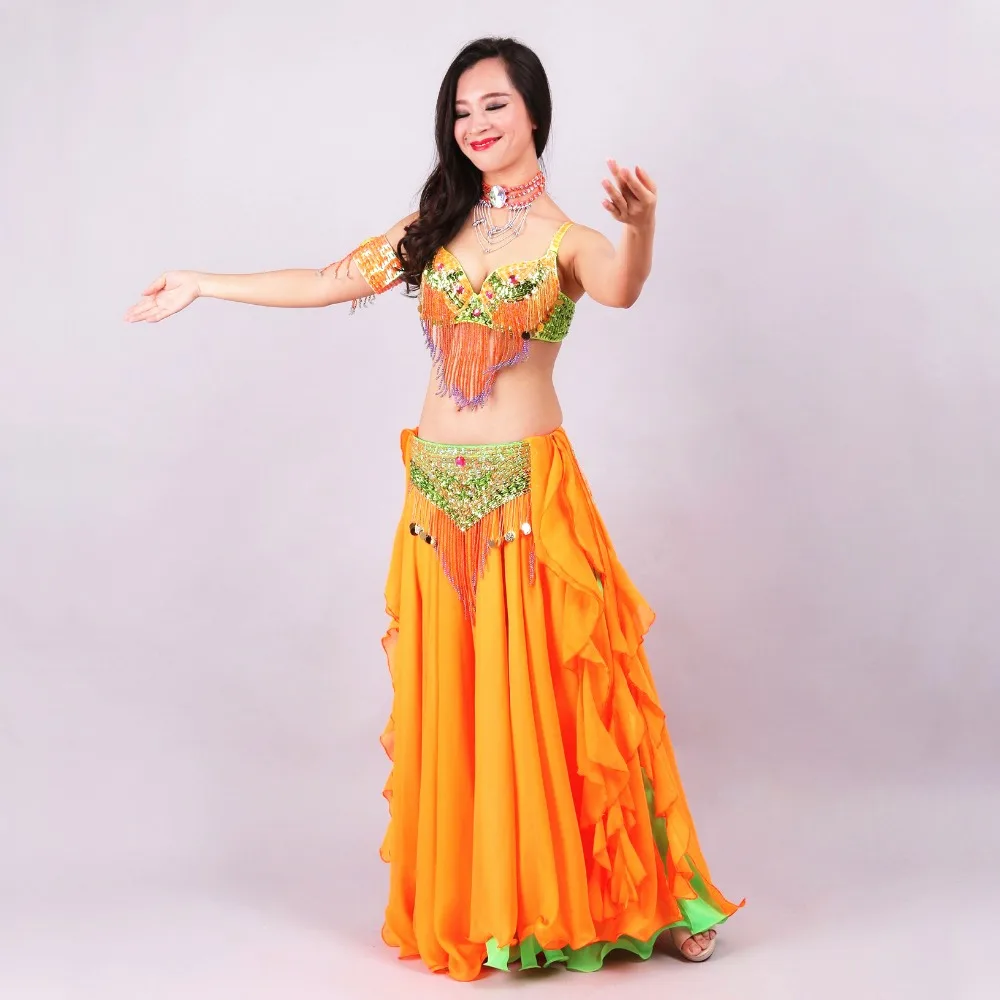 Oriental Belly Dance Costumes Set Professional Belly Dance Sequins Bra Belt Belly Dance Skirts Women Tassel Fringe Belt Wear