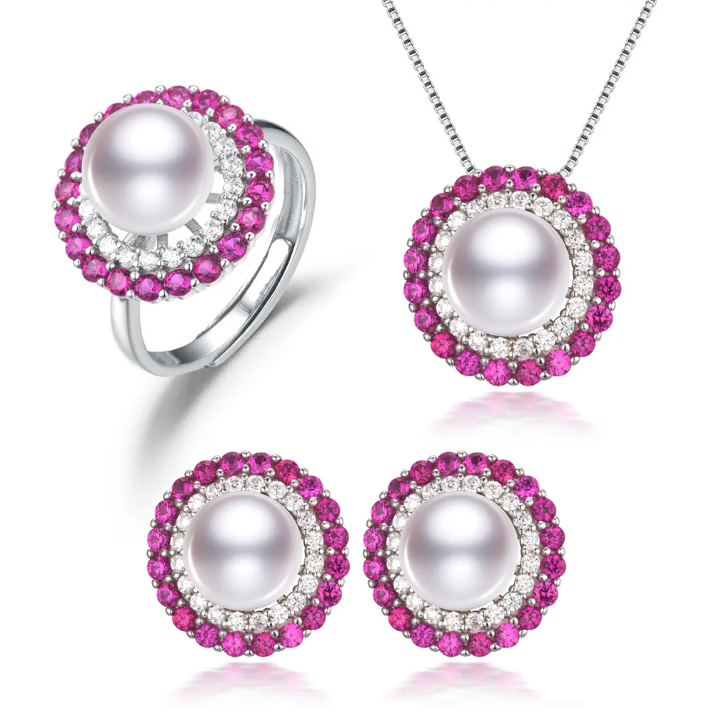 New s925 silver  9mm white freshwater pearls oblate three-piece suit set jewelry