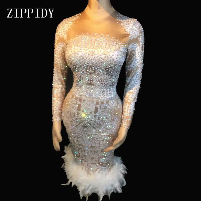 Super Sexy Feather Rhinestones Dress Women Evening Birthday Celebrate Dress Singer Stage Wear AB Stones Stretch Dance Outfit