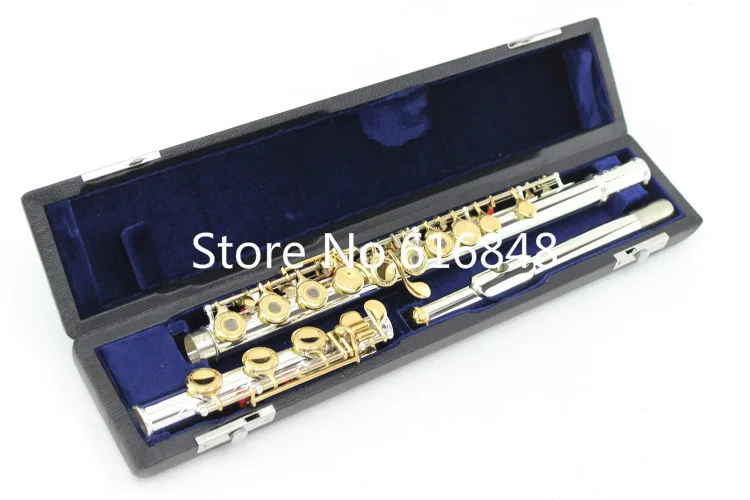 Silver Plated Flute FL-372 Small Elbow Curved Head the 16 key Holes Open C Flute Silver body gold keys instrument flauta