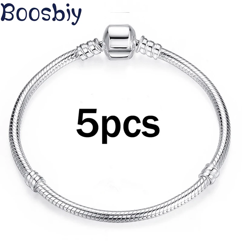 Boosbiy 5pc Vintage Silver Plated Charm Bracelets European Style Snake Chain Fit Brand Bracelets For Women DIY Jewelry