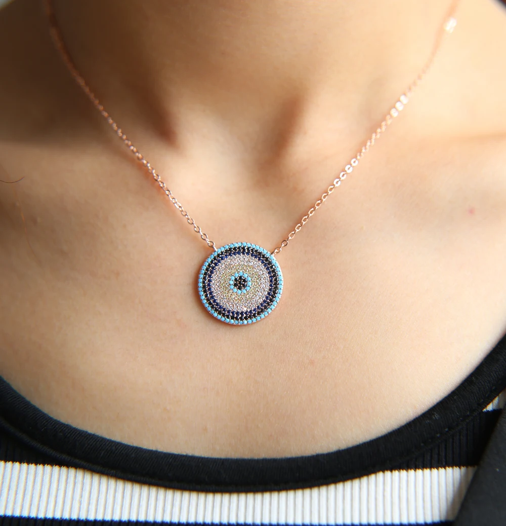 NEW Authentic turquoises turkish evil eye round fashion trendy girl lady micro pave cz fashion necklace