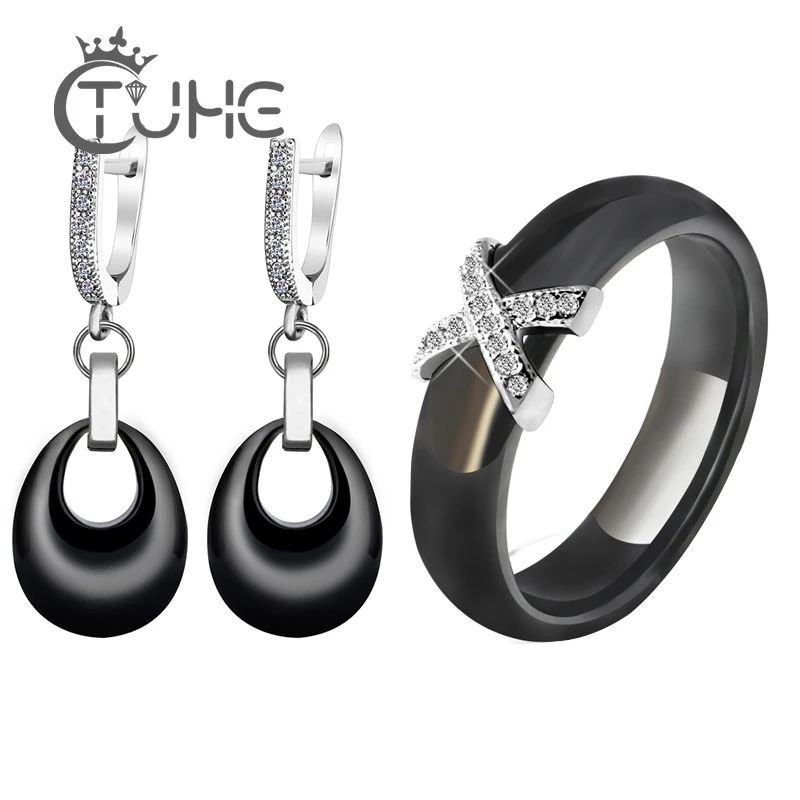 2020 Costume Jewelry Sets Black White Pink Water Drop Pendant Jewelry Earrings X Cross Rings For Women Crystal Wedding Jewelry