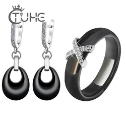 2020 Costume Jewelry Sets Black White Pink Water Drop Pendant Jewelry Earrings X Cross Rings For Women Crystal Wedding Jewelry