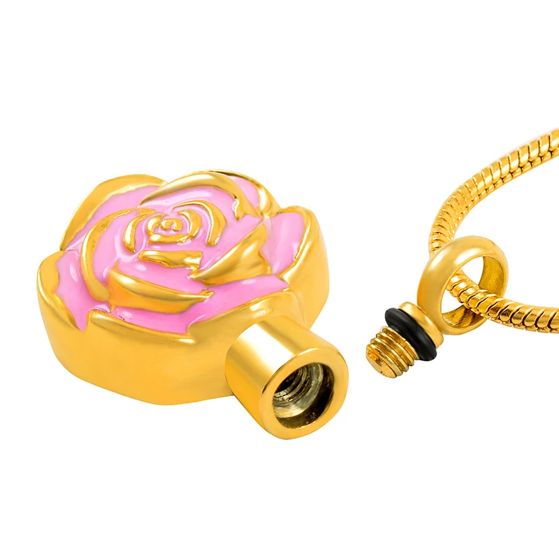 IJD9514 Pink Rose Flower Memorial Urn necklaces that hold cremated ashes - Golden Stainless Steel Cremation Pendant For Women