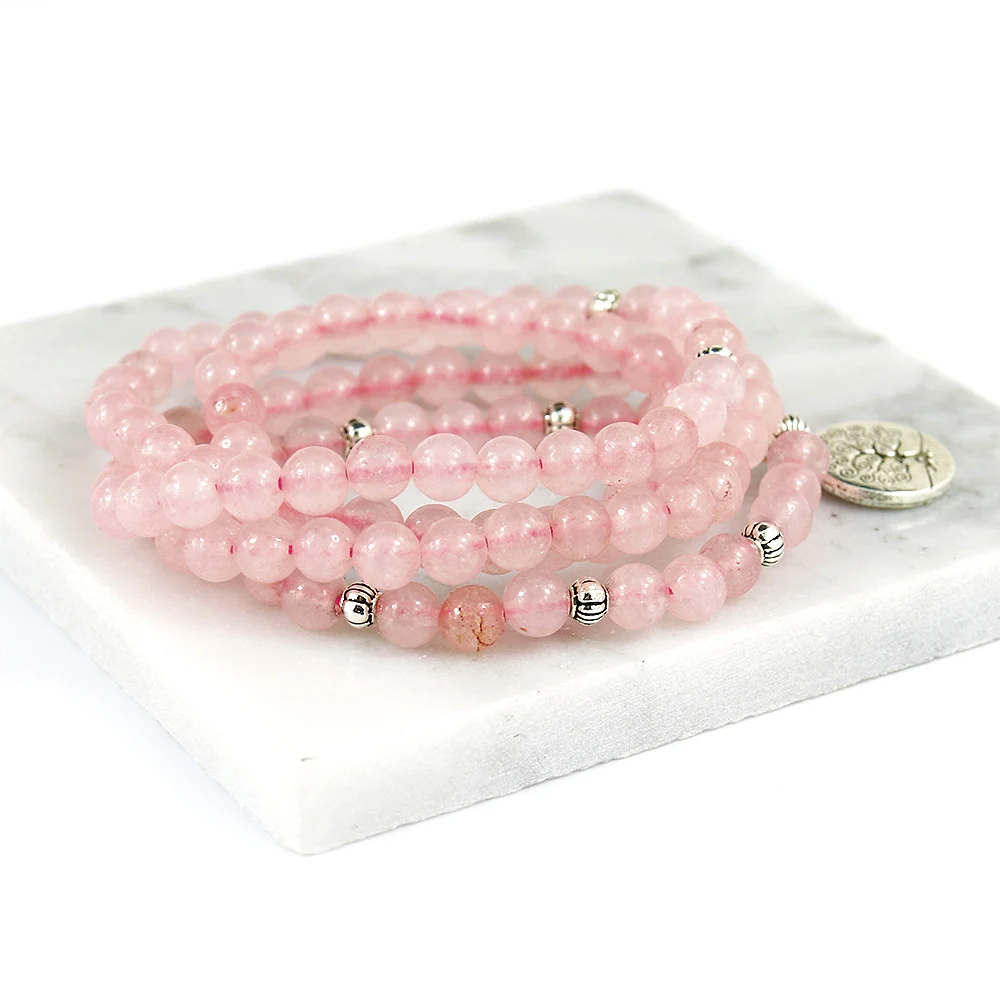 Pink Beads Buddhist Buddha Meditation 6mm 108 Beads Natural Stone Prayer Bead Bracelet Women Jewelry Women Stretch Yoga Jewelry