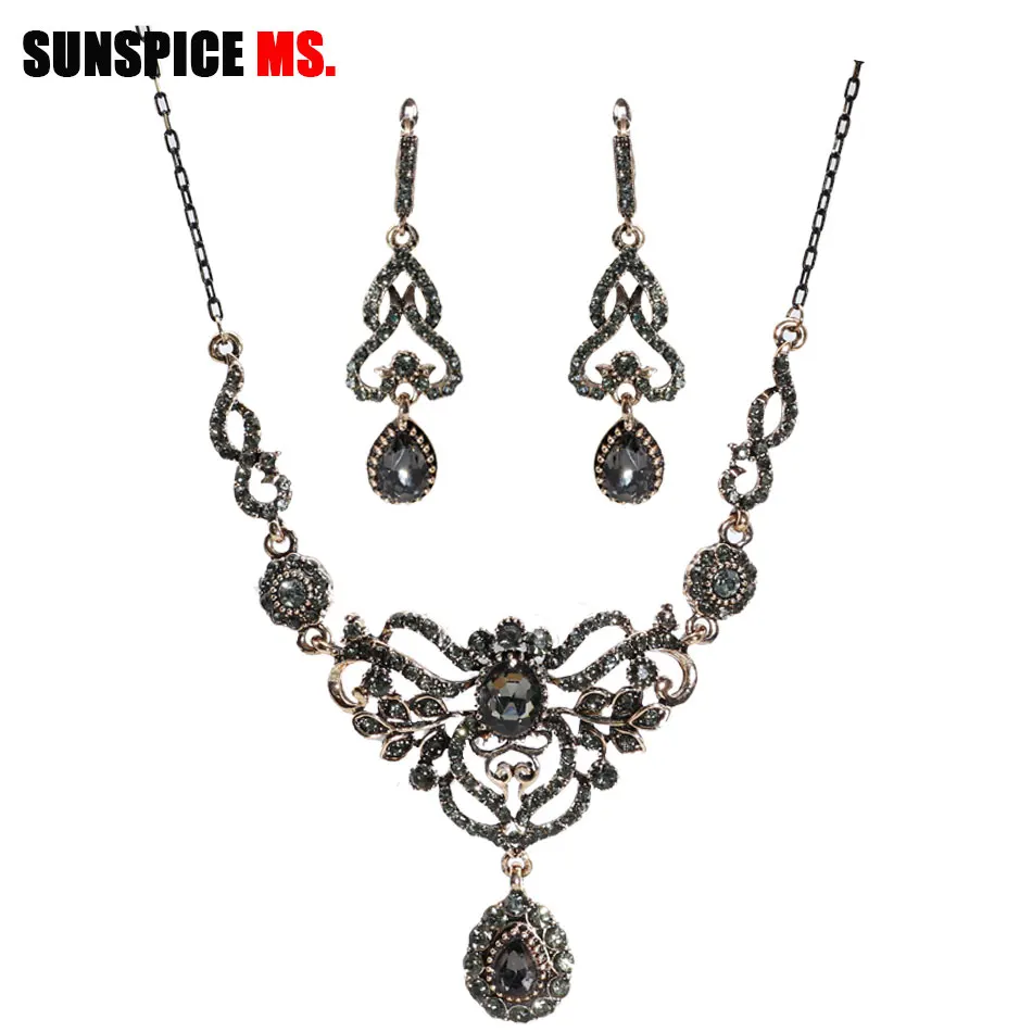 Sunspicems Bohemia Gray Rhinestone Bridal Wedding Jewelry Sets For Women Drop Earrings Necklace Sets Retro Gold Color Party Gift