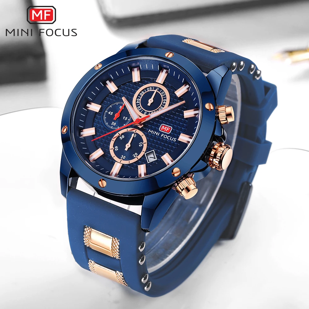 MINI FOCUS Watch Men Chronograph Top Brand Luxury Quartz Sports Watches Army Military Silicone Strap Wrist Watch Male Blue Clock