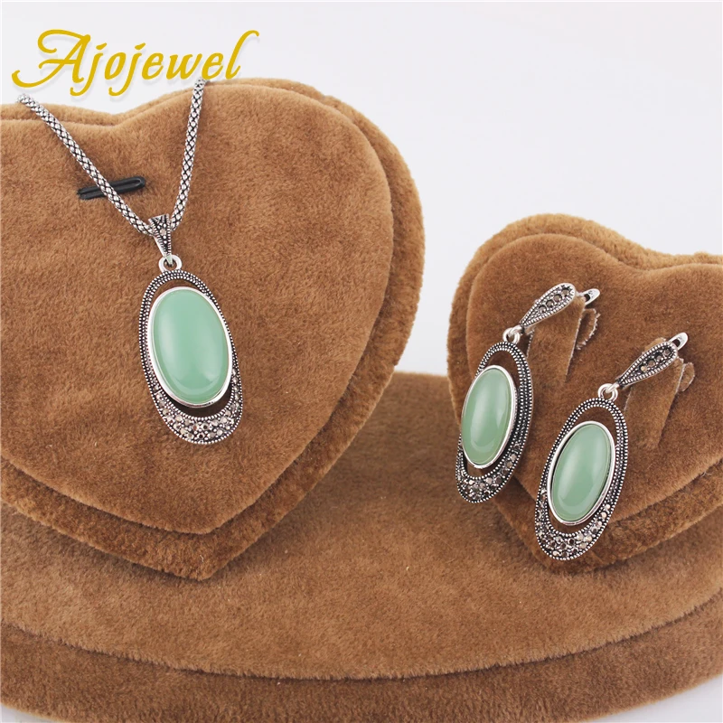 Ajojewel Delicate Green Opal Stone Retro Jewelry Sets Vintage Earrings Necklace Women Costume Jewelry Accessories