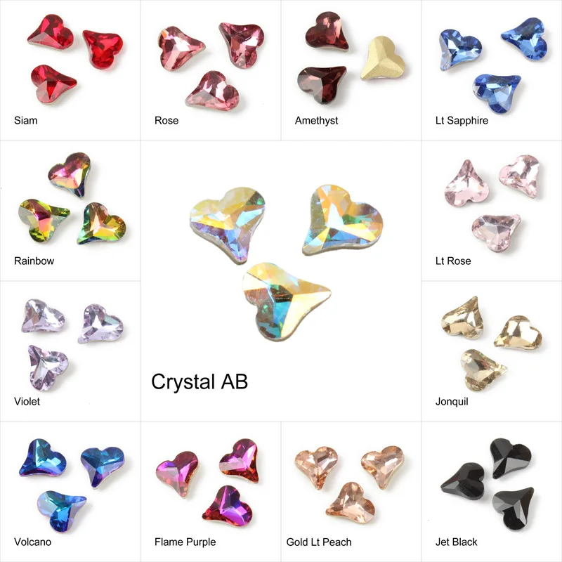 Hot tipped bottom oblique heart nail art rhinestone fancy 3D crystal stone 30/100pcs for nail art decoration free shipping