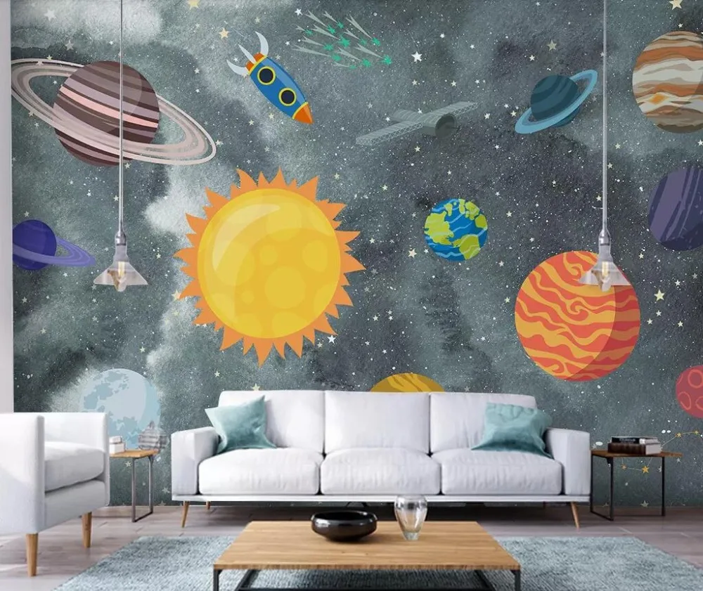 

Hand-painted space children room background wall painting