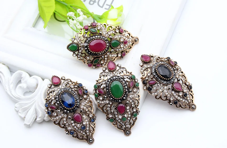 Vintage Turkish Women Flower Brooches Pins Antique Gold Color Resin Broches Brooch Pendant Dual-Purpose Ladies Ethnic Jewelry